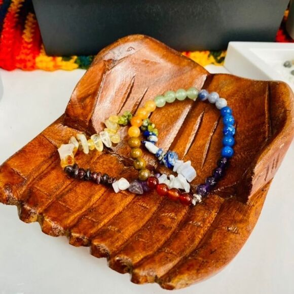 Rainbow Gemstone Bead Stretch Bracelet Set 2pcs - Picture 4 of 7